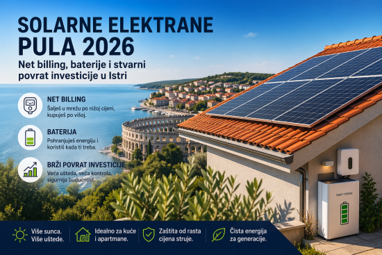 Solarni paneli na krovu kuće s pogledom na Pulu i more, uz prikaz baterije i grafičke elemente koji objašnjavaju net billing, pohranu energije i povrat investicije za solarne elektrane u Istri.