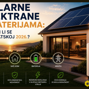Modernа kuća u Istri sa solarnim panelima i baterijskim sustavom za pohranu energije tijekom zalaska sunca. Vizual prikazuje koncept solarne elektrane s baterijama, energetsku neovisnost i uštedu električne energije u Hrvatskoj 2026.