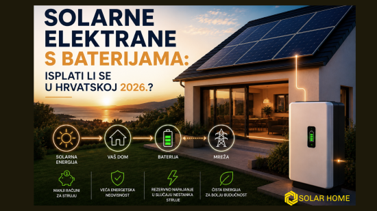 Modernа kuća u Istri sa solarnim panelima i baterijskim sustavom za pohranu energije tijekom zalaska sunca. Vizual prikazuje koncept solarne elektrane s baterijama, energetsku neovisnost i uštedu električne energije u Hrvatskoj 2026.
