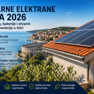 Solarni paneli na krovu kuće s pogledom na Pulu i more, uz prikaz baterije i grafičke elemente koji objašnjavaju net billing, pohranu energije i povrat investicije za solarne elektrane u Istri.