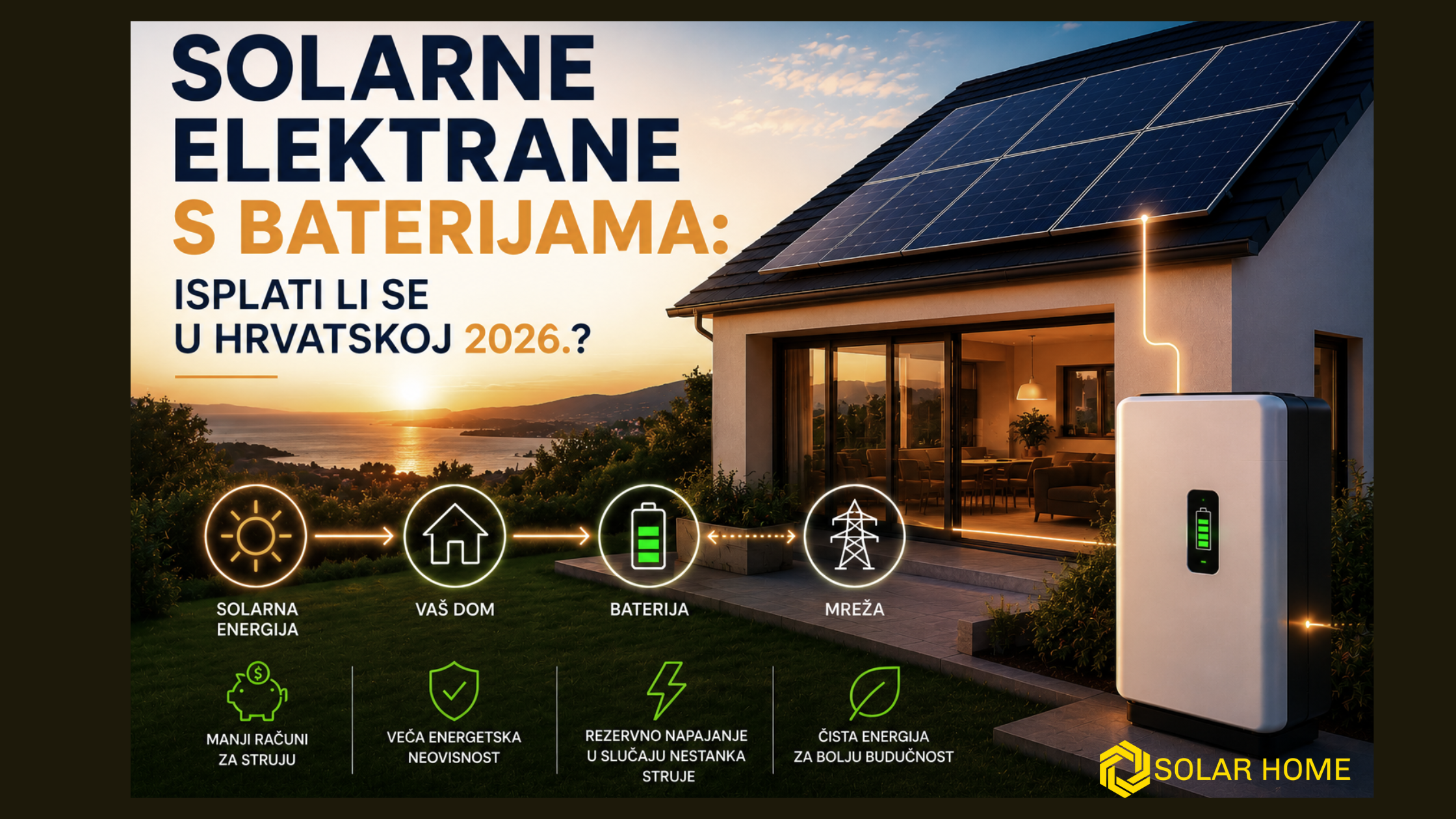 Modernа kuća u Istri sa solarnim panelima i baterijskim sustavom za pohranu energije tijekom zalaska sunca. Vizual prikazuje koncept solarne elektrane s baterijama, energetsku neovisnost i uštedu električne energije u Hrvatskoj 2026.