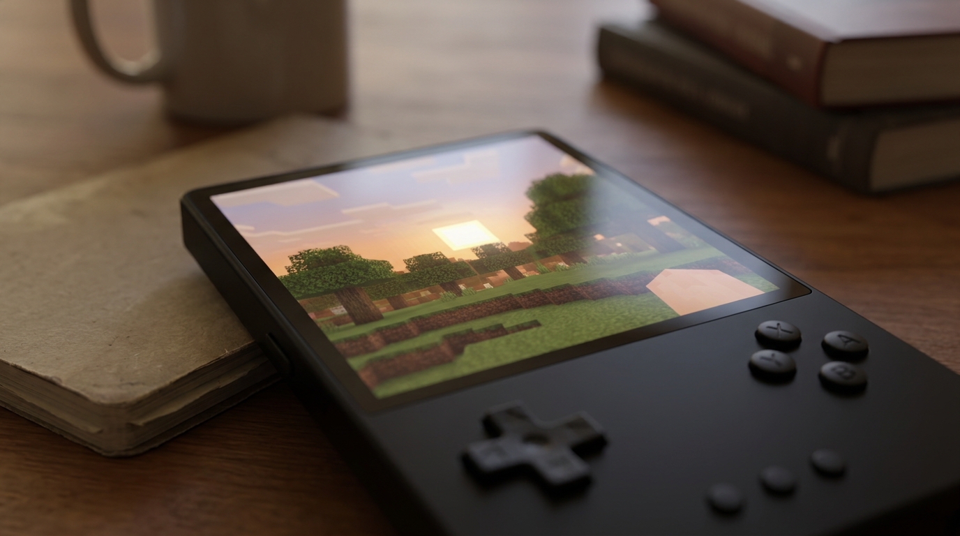 Visualizing an optimized Minecraft-on-handheld setup with shader-style lighting.
