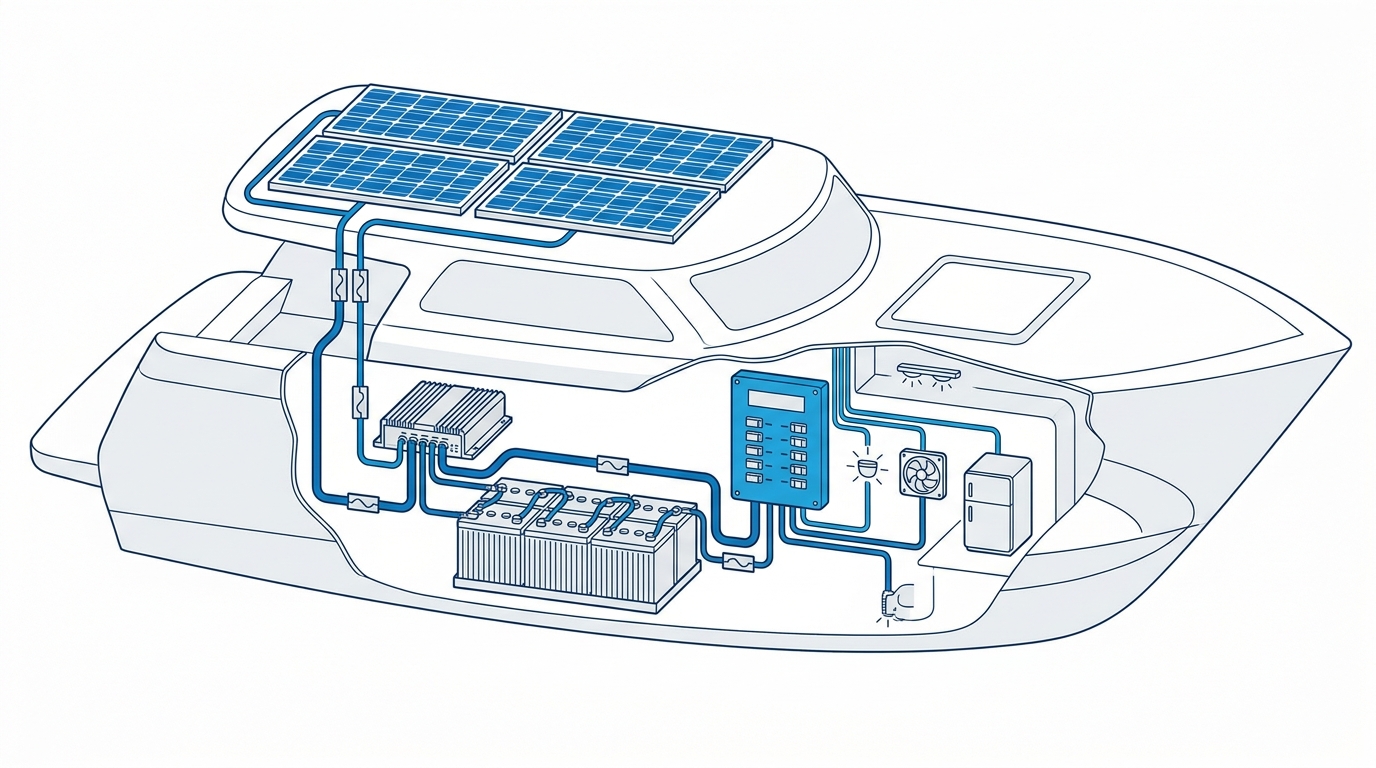 Schematic of a complete marine solar power system (panels → MPPT → batteries → DC loads)