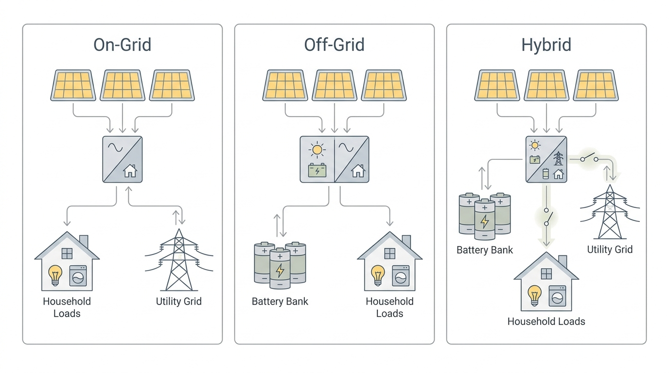 Usporedba mrežnog, off-grid i hibridnog rješenja (tok energije).