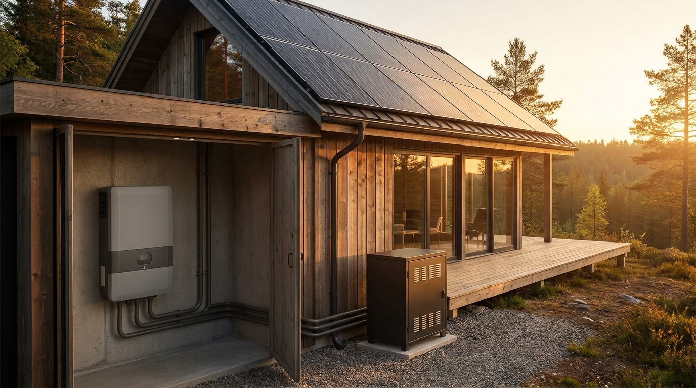 Vizualni prikaz hibridnog sustava za vikendicu (solarni paneli + baterije + inverter).