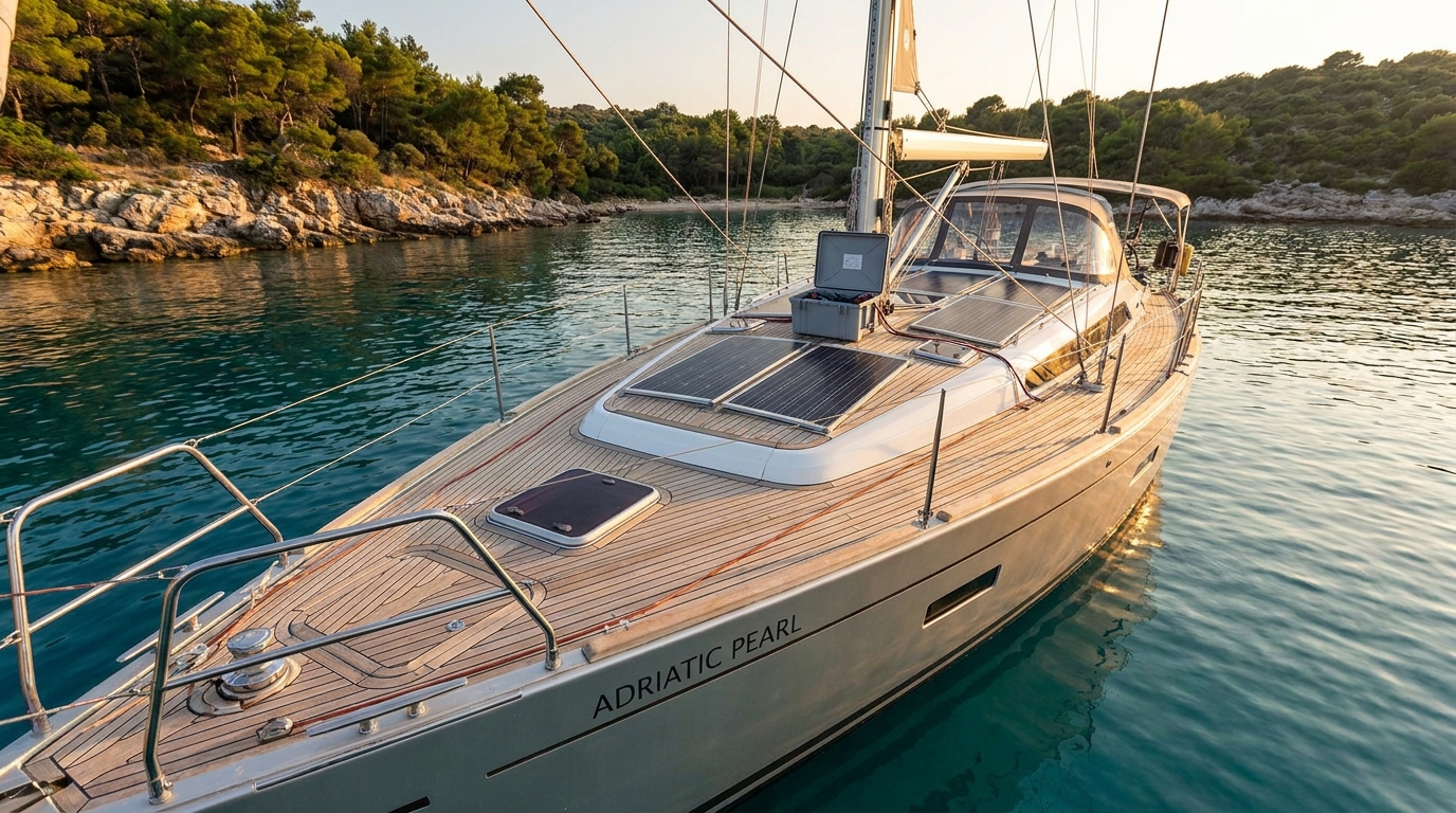 Solar panel installation on a sailboat deck in the Adriatic near Istria