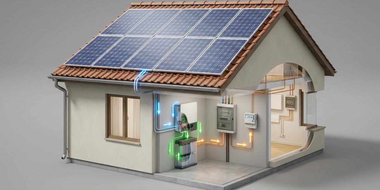 Kuća sa solarnim panelima na krovu i baterijskim spremnikom energije povezanim s kućnom instalacijom