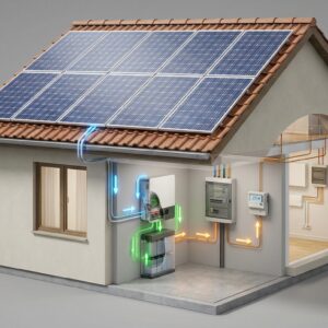 Kuća sa solarnim panelima na krovu i baterijskim spremnikom energije povezanim s kućnom instalacijom