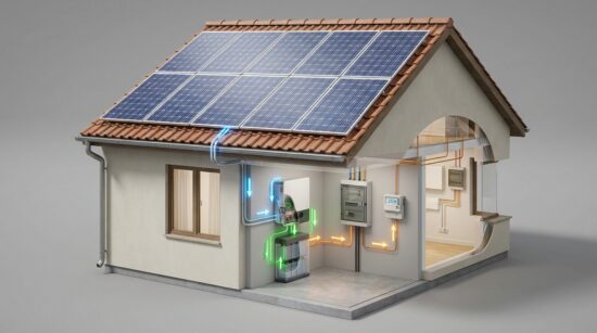Kuća sa solarnim panelima na krovu i baterijskim spremnikom energije povezanim s kućnom instalacijom