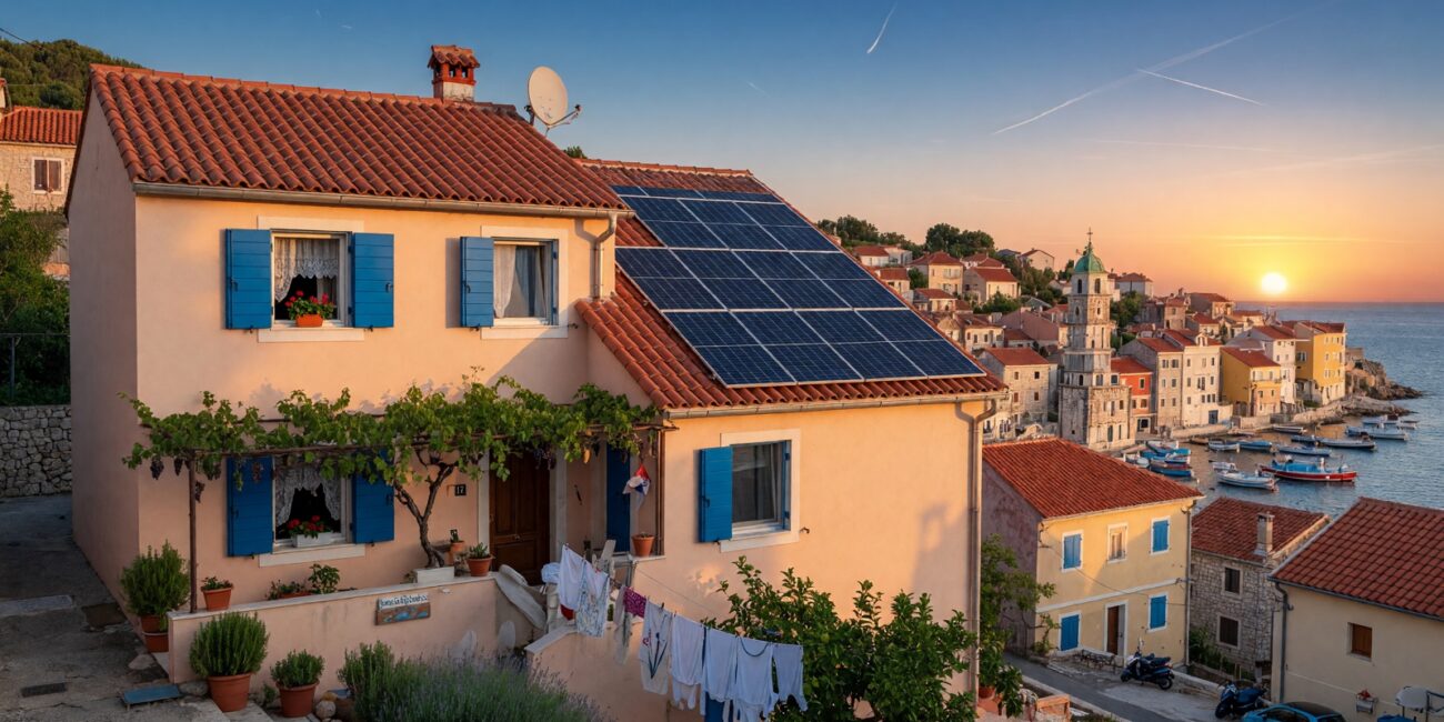 Obiteljska kuća na jadranskoj obali sa solarnim panelima na krovu