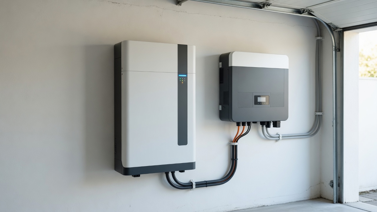 Kućni baterijski sustav i solarni inverter montirani na zid garaže