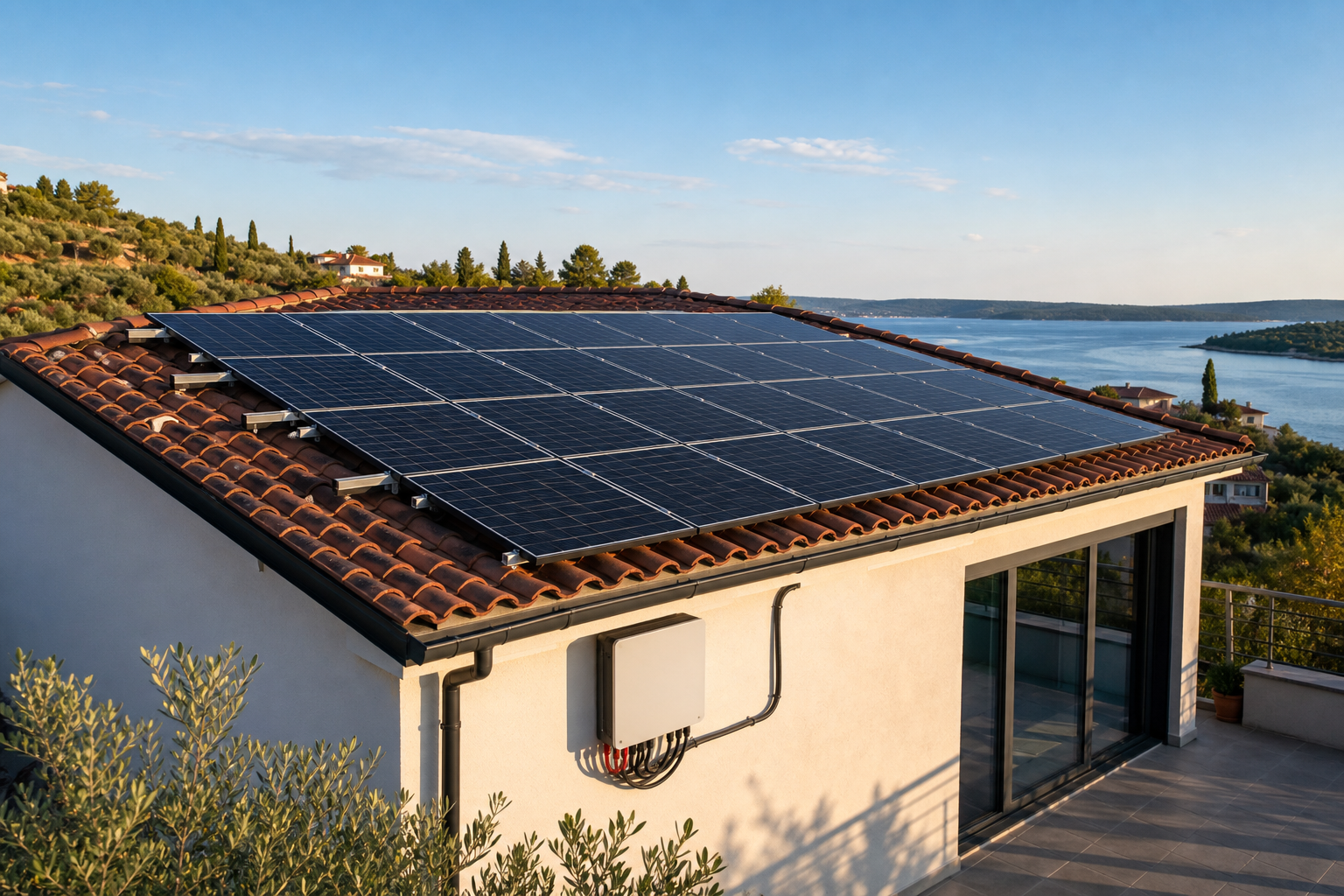 Rooftop PV system in Istria with visible panels and inverter