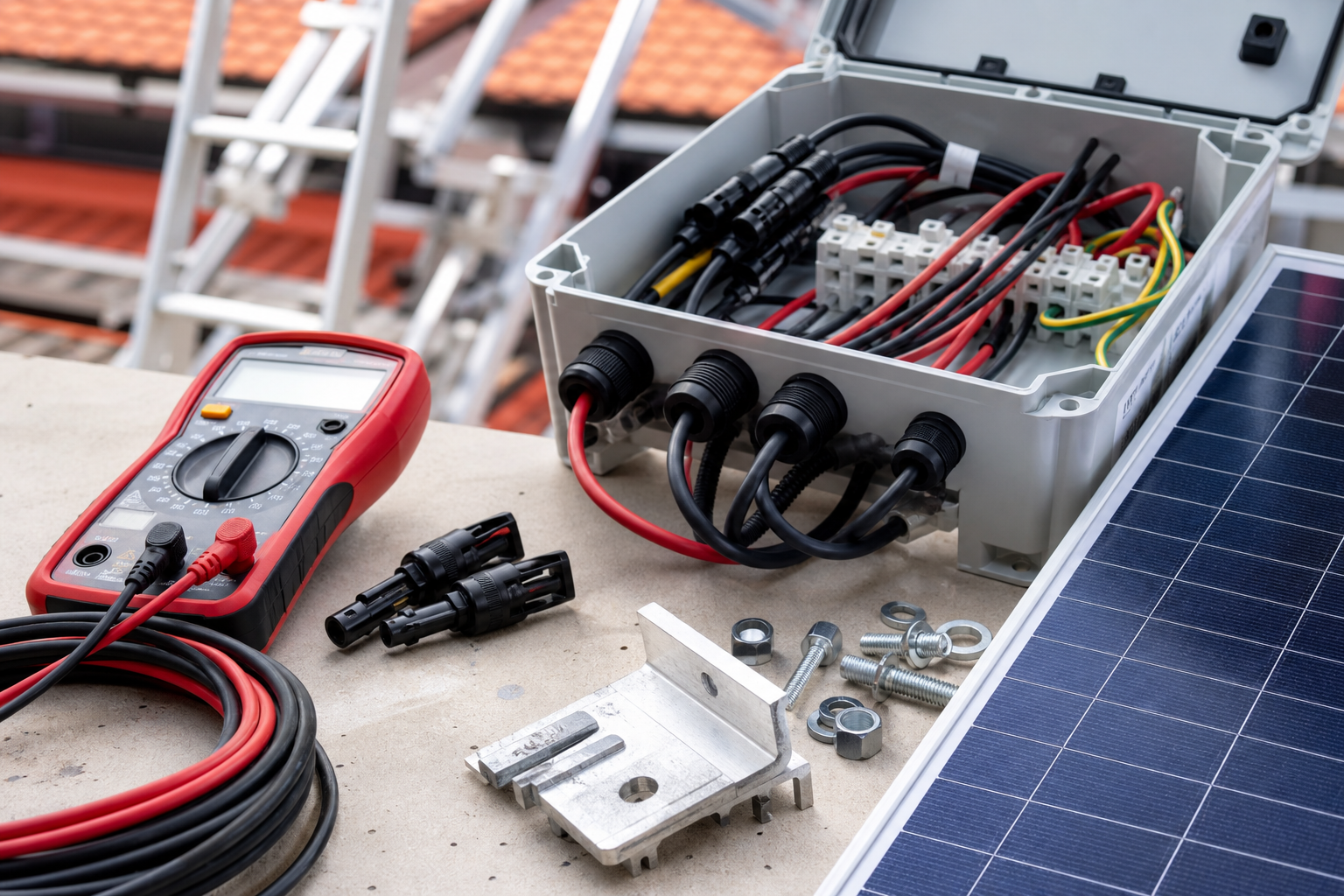 Components and tools used during solar panel mounting.