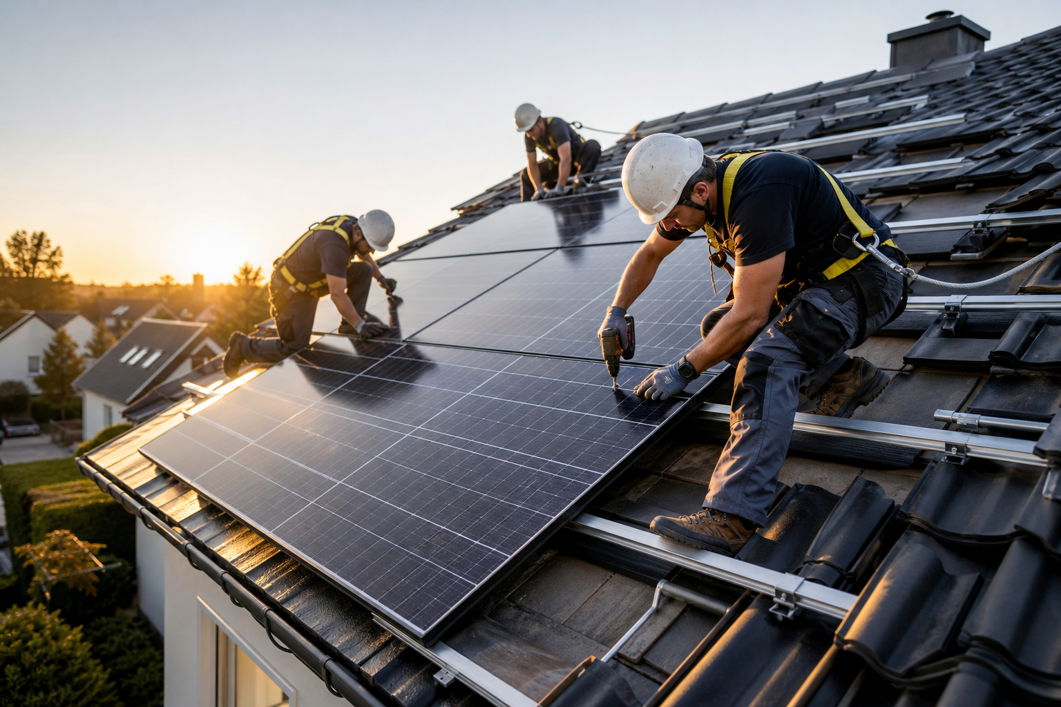 Installers mounting solar panels on a residential roof.