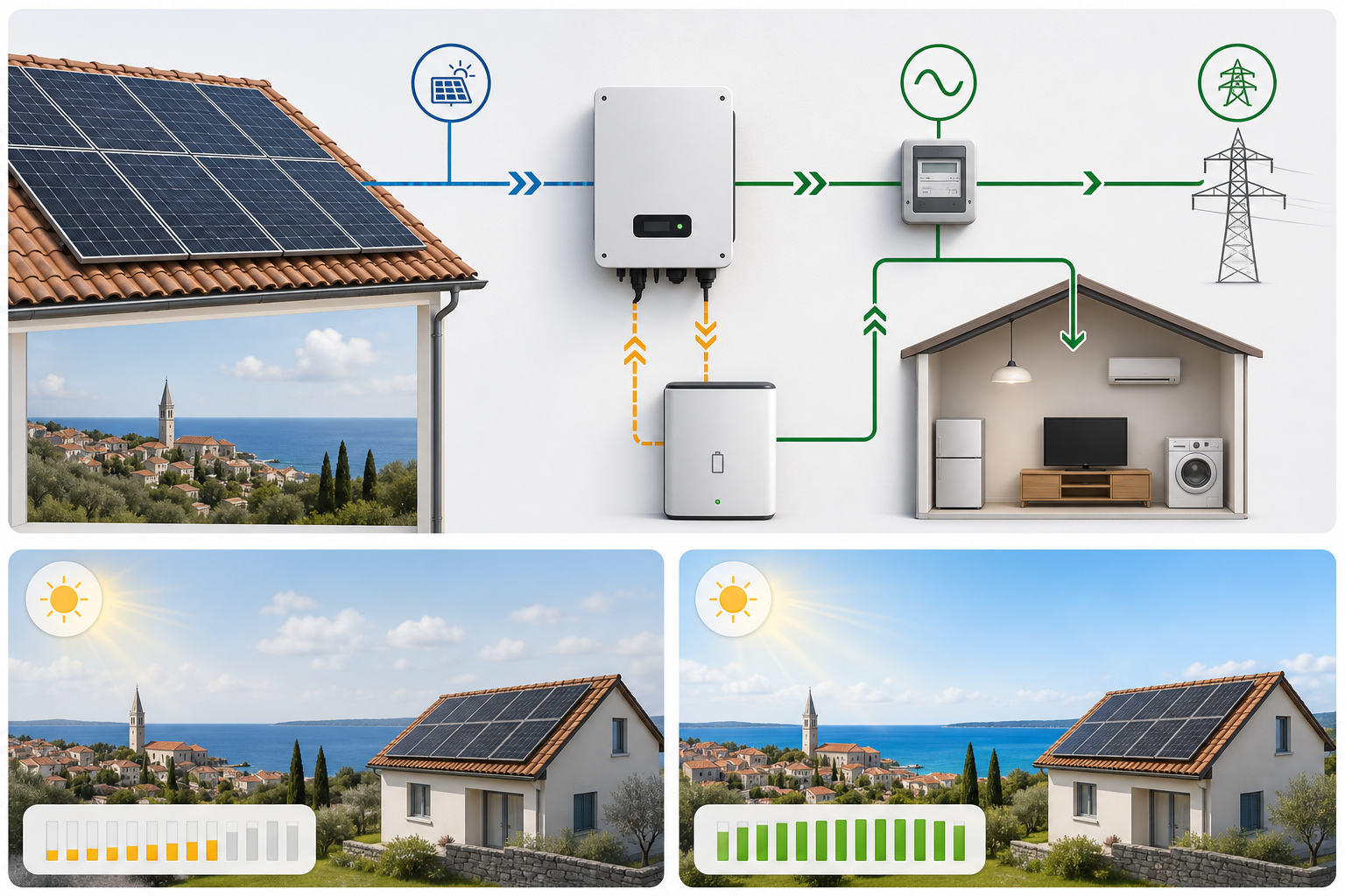 Schéma proizvodnje i tok energije za 15 kW solarni sustav
