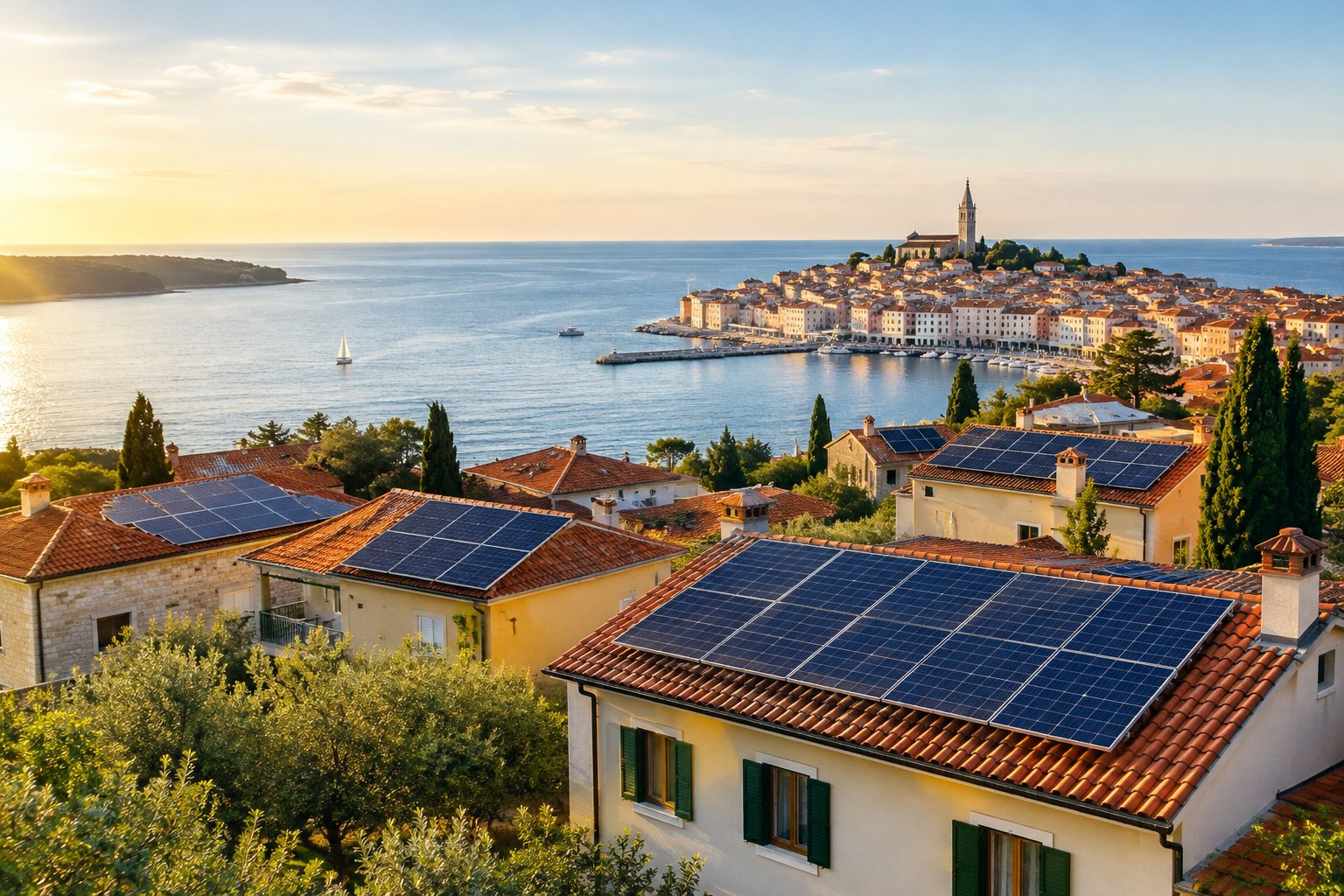 Rooftop solar installations in an Istrian coastal town