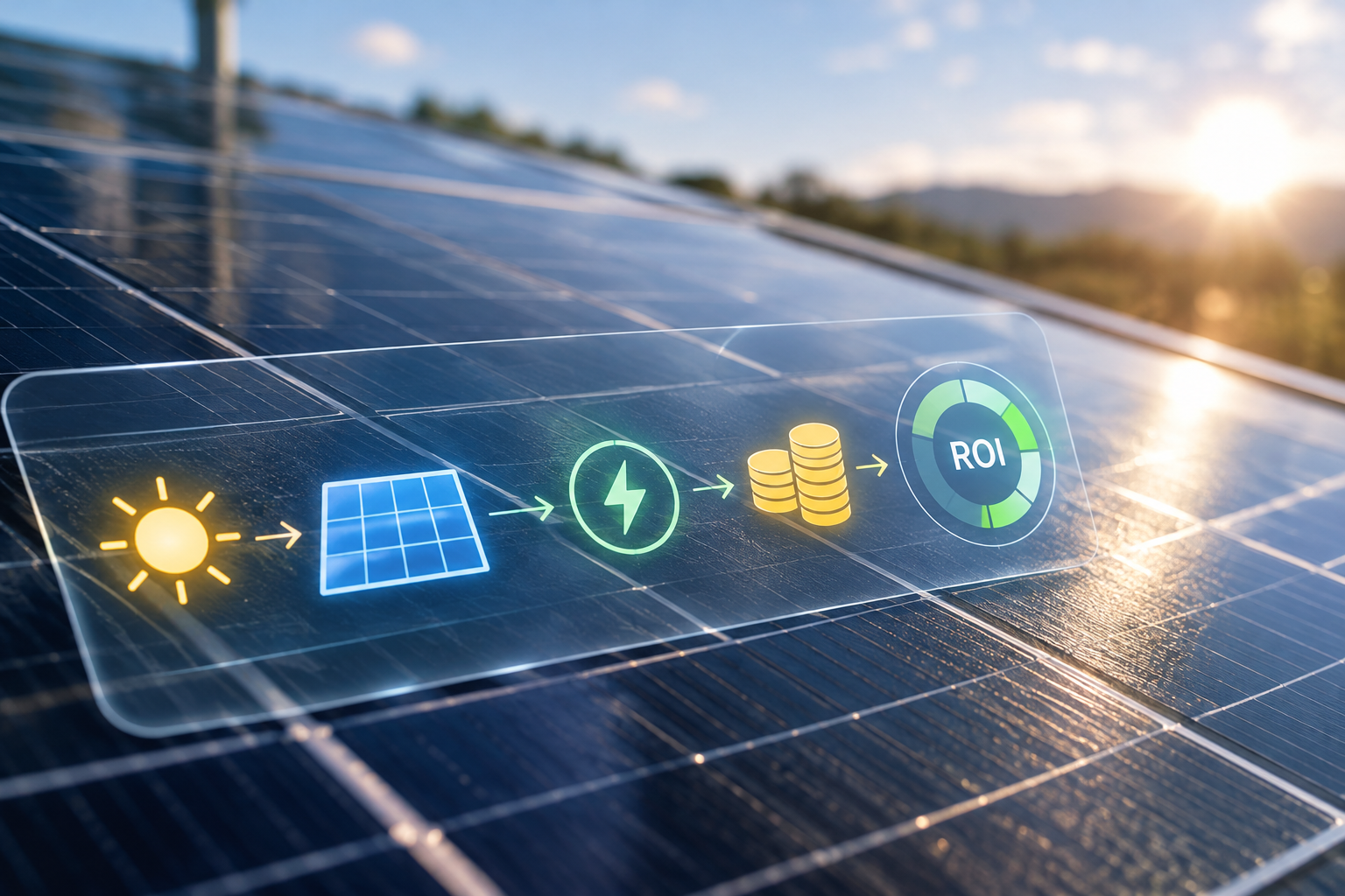 Connection between solar energy generation and financial return concept (no text).