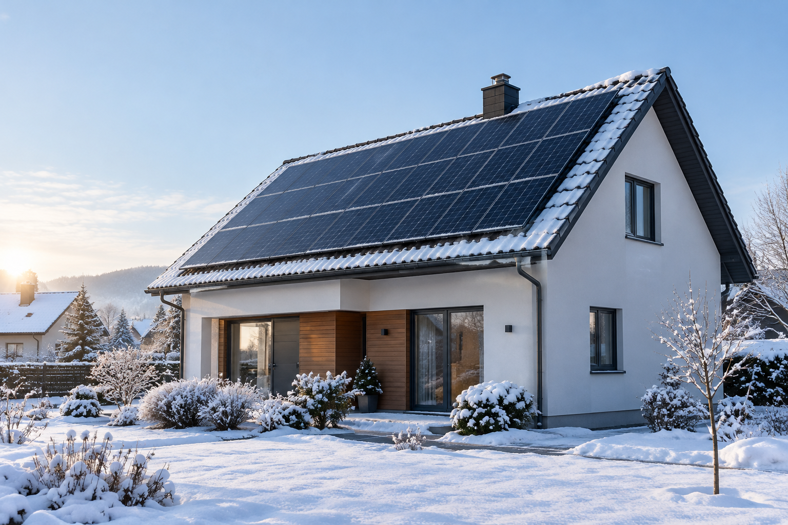 Krovna solarna elektrana zimi na kući s grijanjem na struju